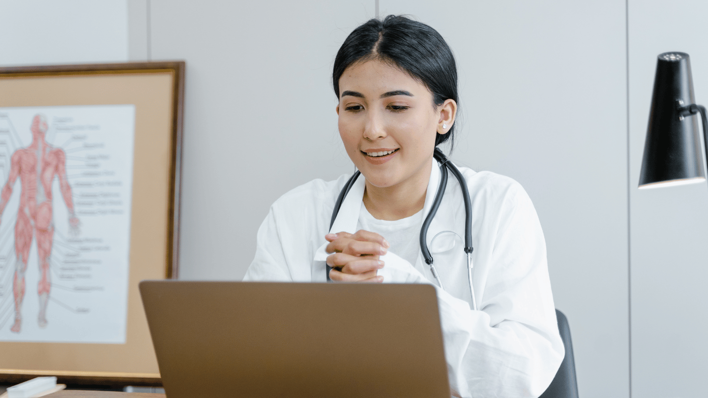 Female doctor conducting an online consultation for Wegovy online weight loss treatment through QuickMD, providing accessible and affordable healthcare from home