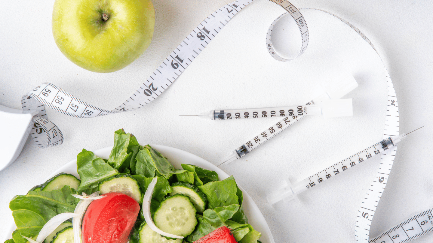 Weight loss injections with fresh vegetables and tape measure, highlighting Trulicity and Ozempic as weekly options for weight loss and diabetes management